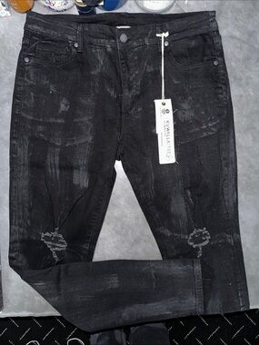 Kuwallatee Slim Black Men’s Jeans with Distressed Detail